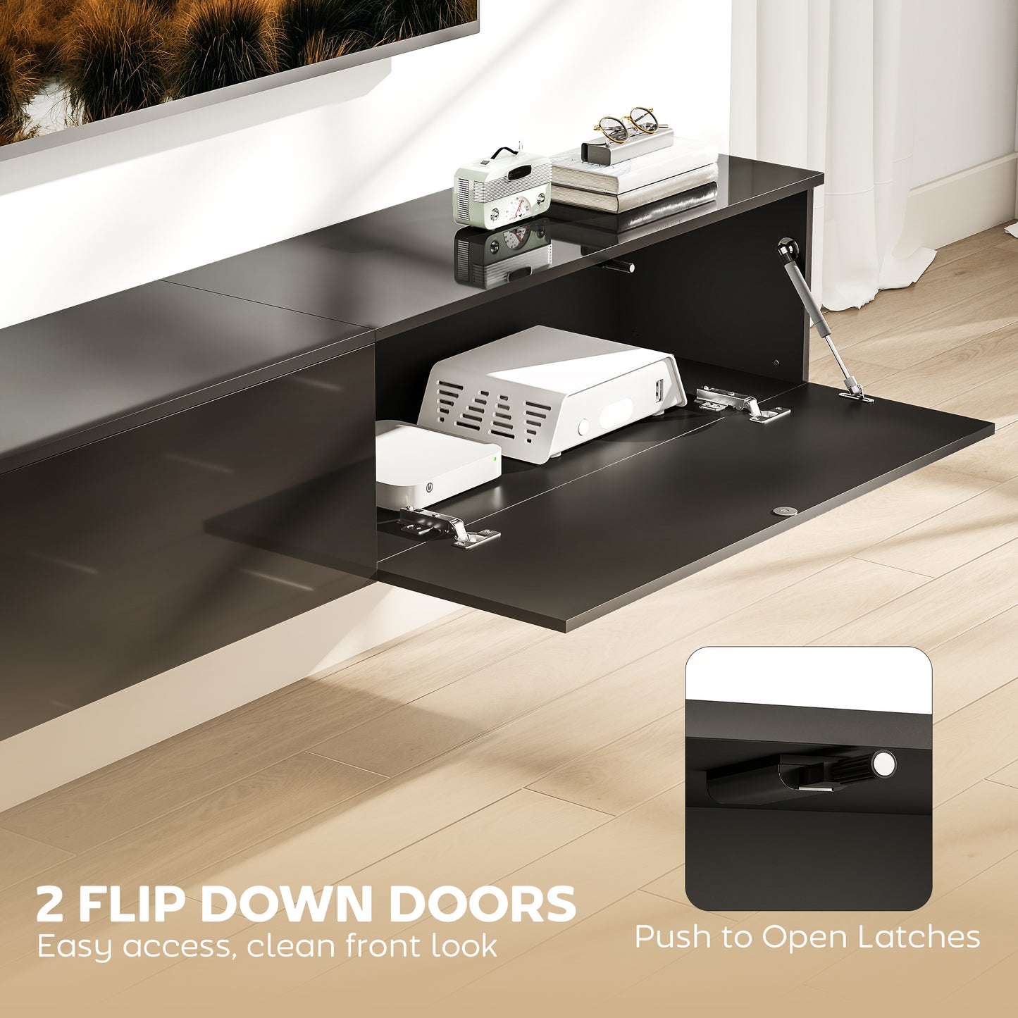 Floating TV Stand for TVs up to 75 Inch, 70.9" TV Cabinet, Entertainment Center with 2 Flip Doors, High Gloss Black