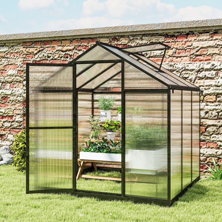 6' x 8' x 6.4' Charcoal Grey Polycarbonate Greenhouse with Rain Gutter