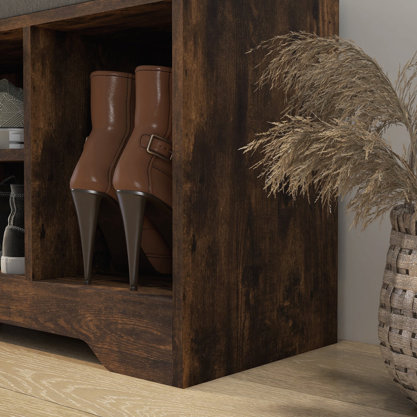 Upholstered Shoe Storage Bench, Hallway Shoe Storage with Seat, Drawer, 3 Open Shelves for Entryway, Rustic Brown