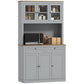 71" Pantry Cabinet with Microwave Space, Buffet with Hutch, 2 Drawers, Adjustable Shelves and Glass Doors, Grey