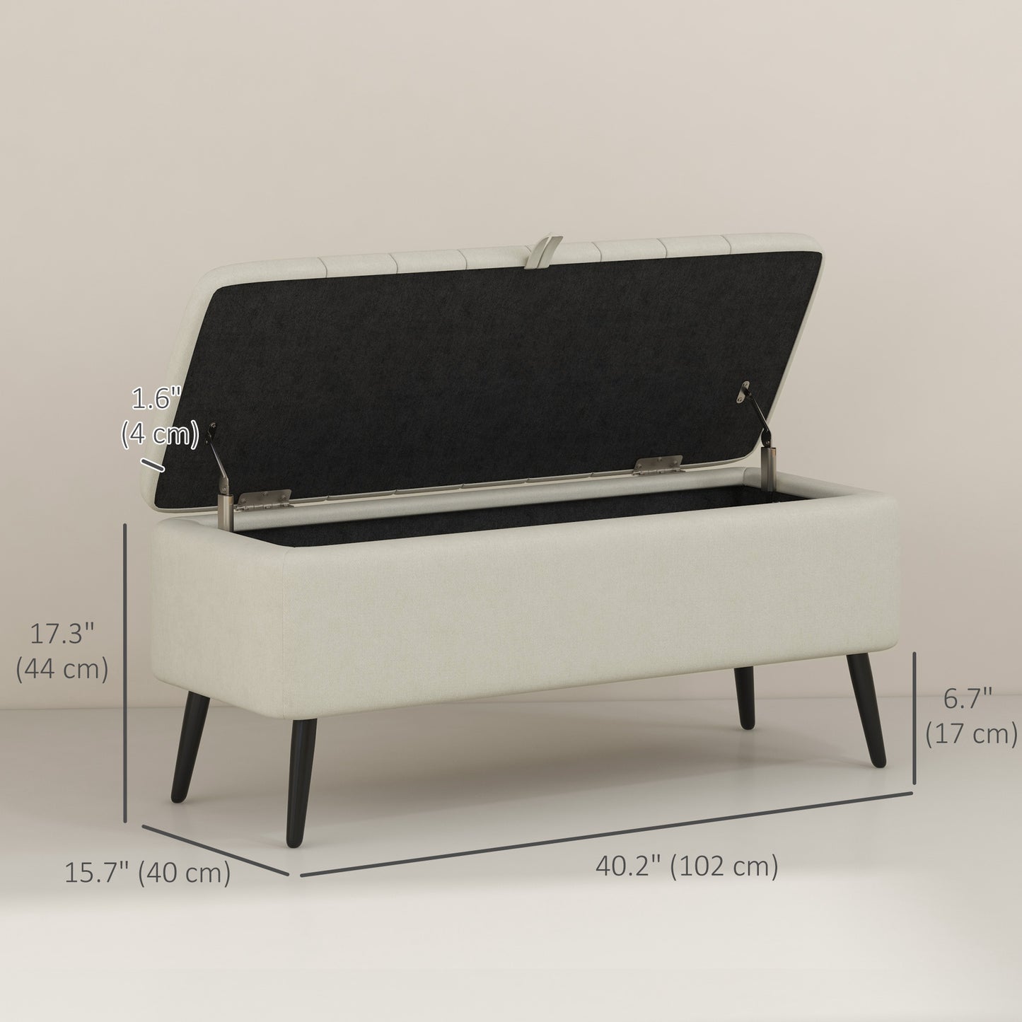 40" Ottoman with Storage, Linen Upholstered Storage Ottoman Bench with Steel Legs for Living Room, Bedroom Cream White