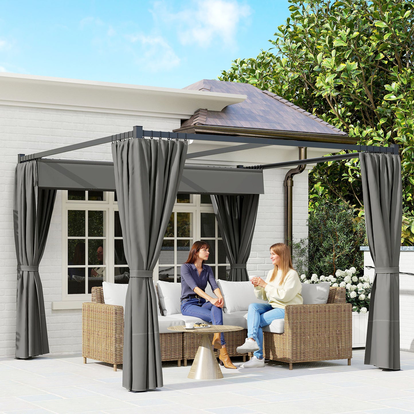 10' x 10' Retractable Pergola Canopy with Sidewalls, Metal Outdoor Gazebo Sun Shade Shelter, Dark Grey