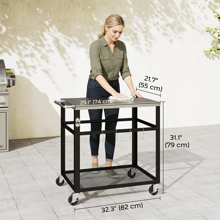 Black 2-Tier Grill Cart with Stainless Steel Tabletop