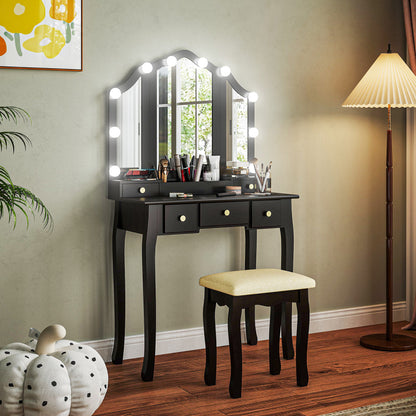 Makeup Vanity Desk with LED Mirror & Stool - Black