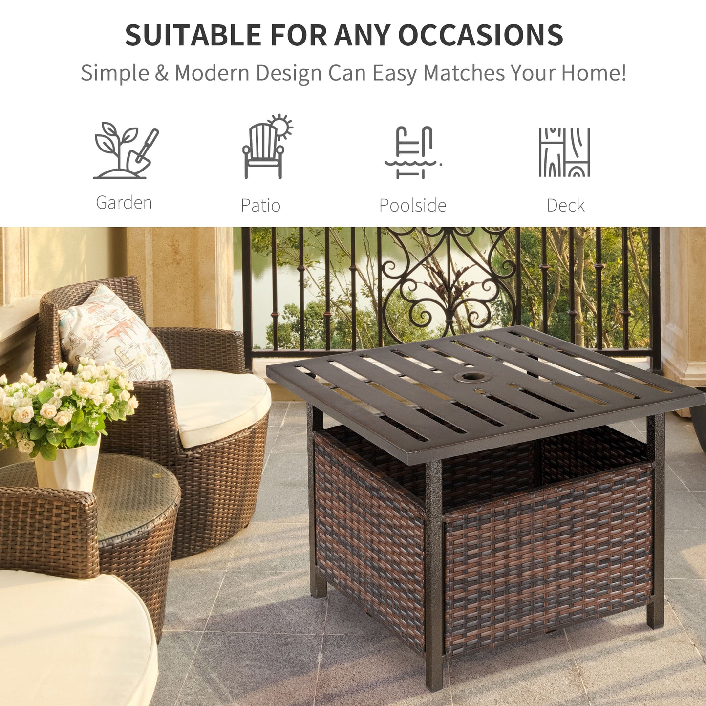 21.75" Outdoor Rattan Wicker Patio Coffee Table with Umbrella Hole, Patio Side Table with Slatted Metal Top, Brown