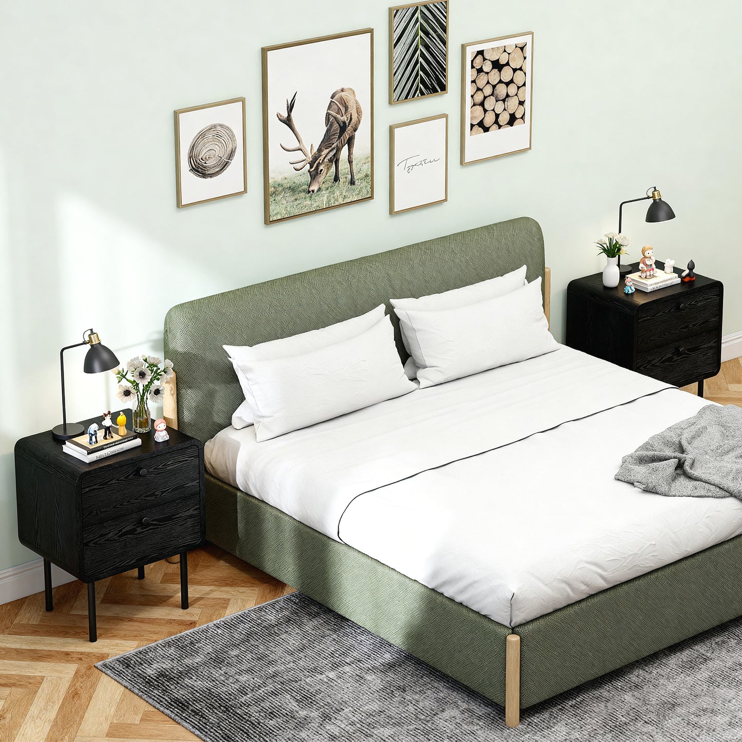 Modern Bedside Tables Set of 2, 2 Pieces Nightstands with 2 Storage Drawers and Steel Legs for Bedroom, Black Wood Grain