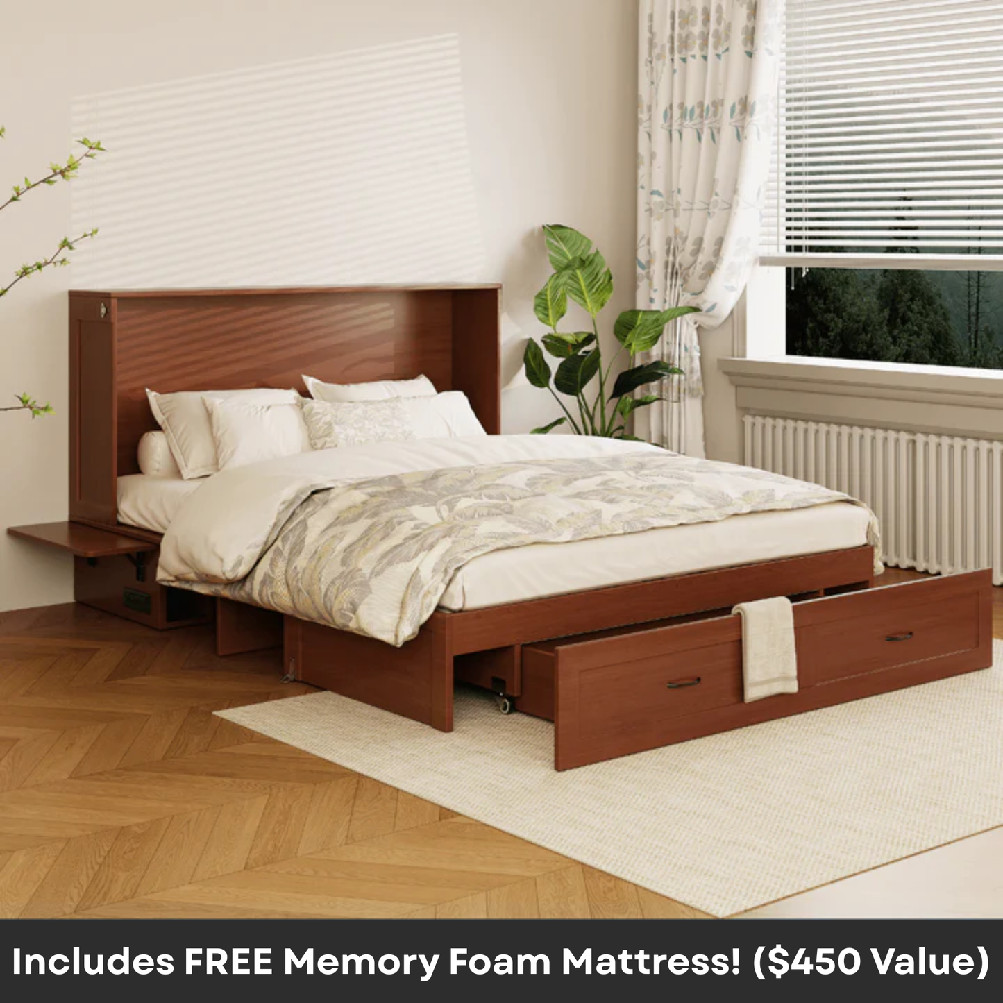 Olivia Queen Murphy Cabinet Bed in cherry finish with mattress extended and storage drawers open