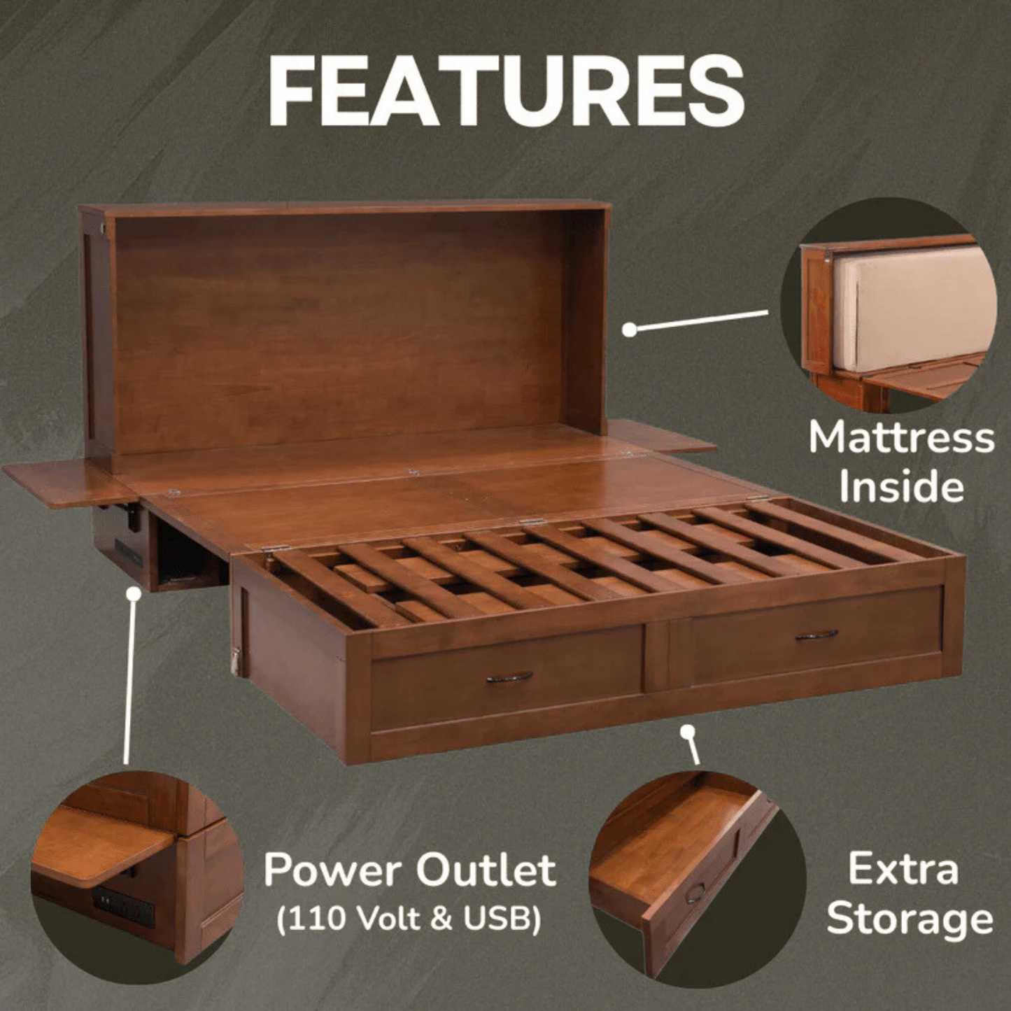 Olivia Murphy Cabinet Bed features diagram showing mattress inside, USB power outlet, and extra storage