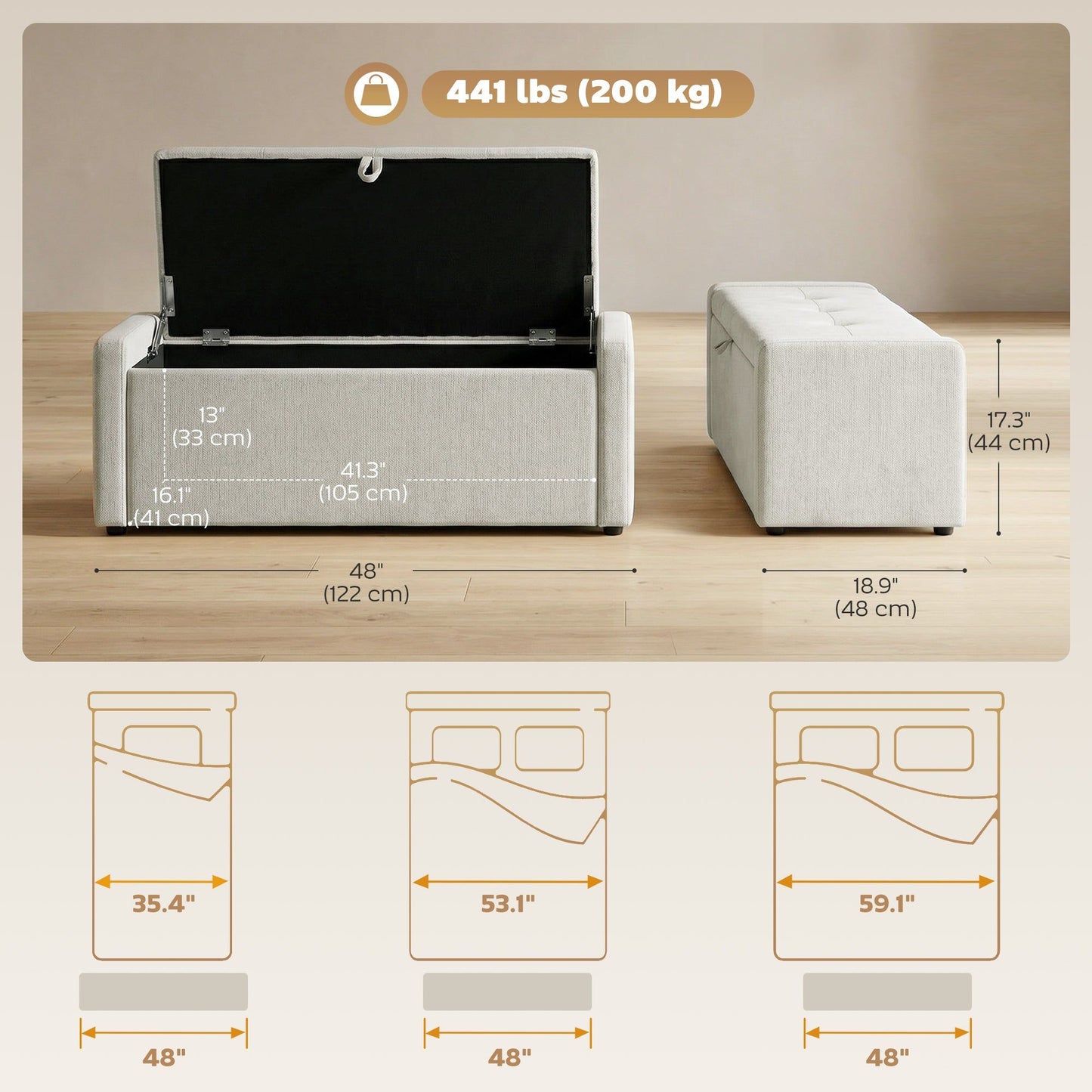 Linen-Look Storage Ottoman Bench - Cream White