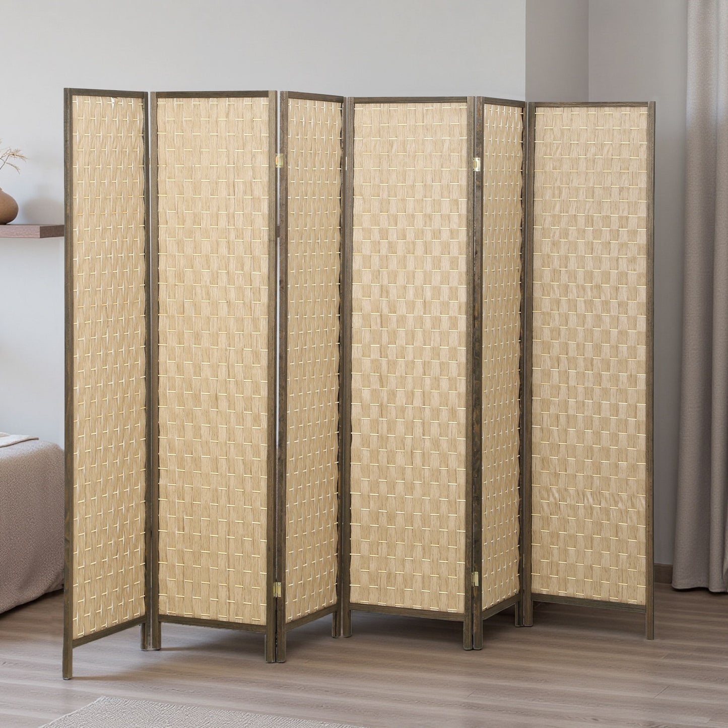 6 FT Room Divider, 6 Panel Folding Privacy Screen, Lightweight Handwoven Freestanding Partition for Home Office, Brown