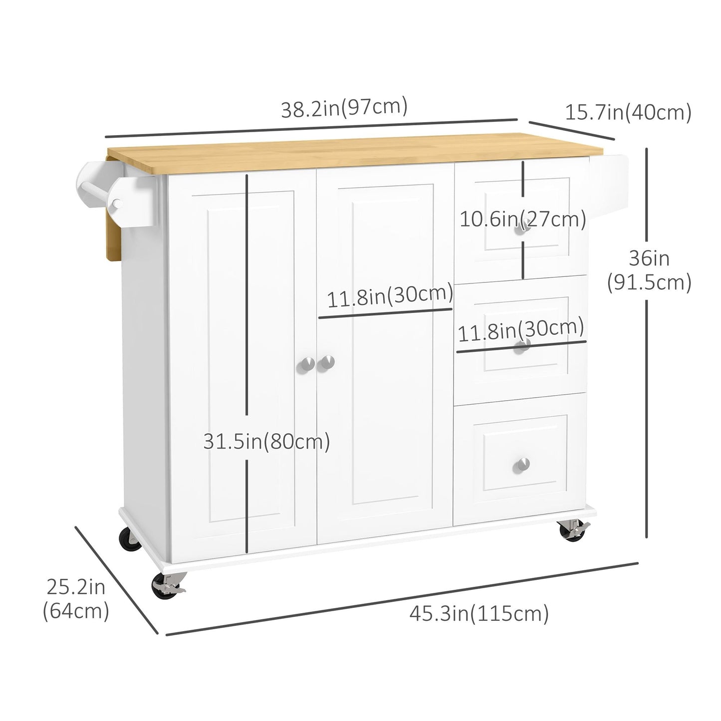 Rolling Kitchen Island with Drop Leaf and Drawers - White