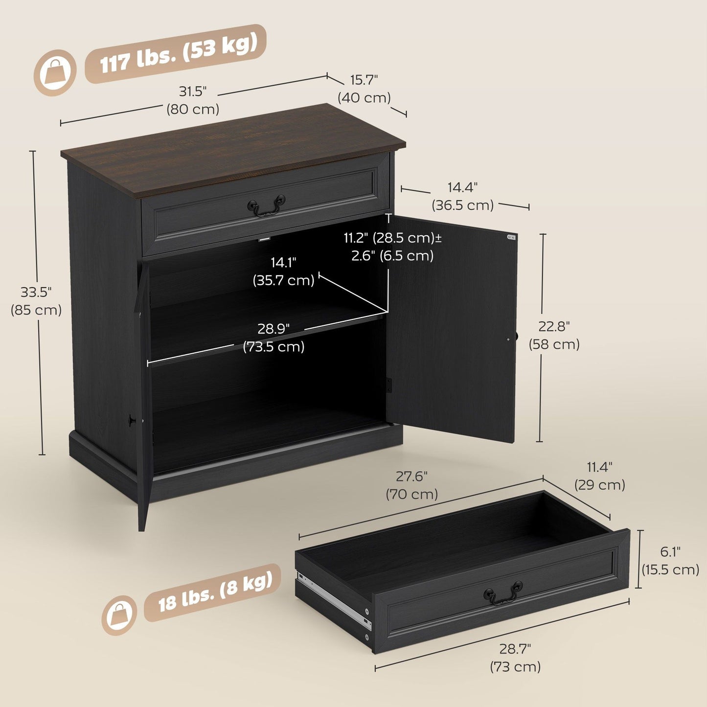 32" Farmhouse Sideboard with Drawer - Black Wood Grain