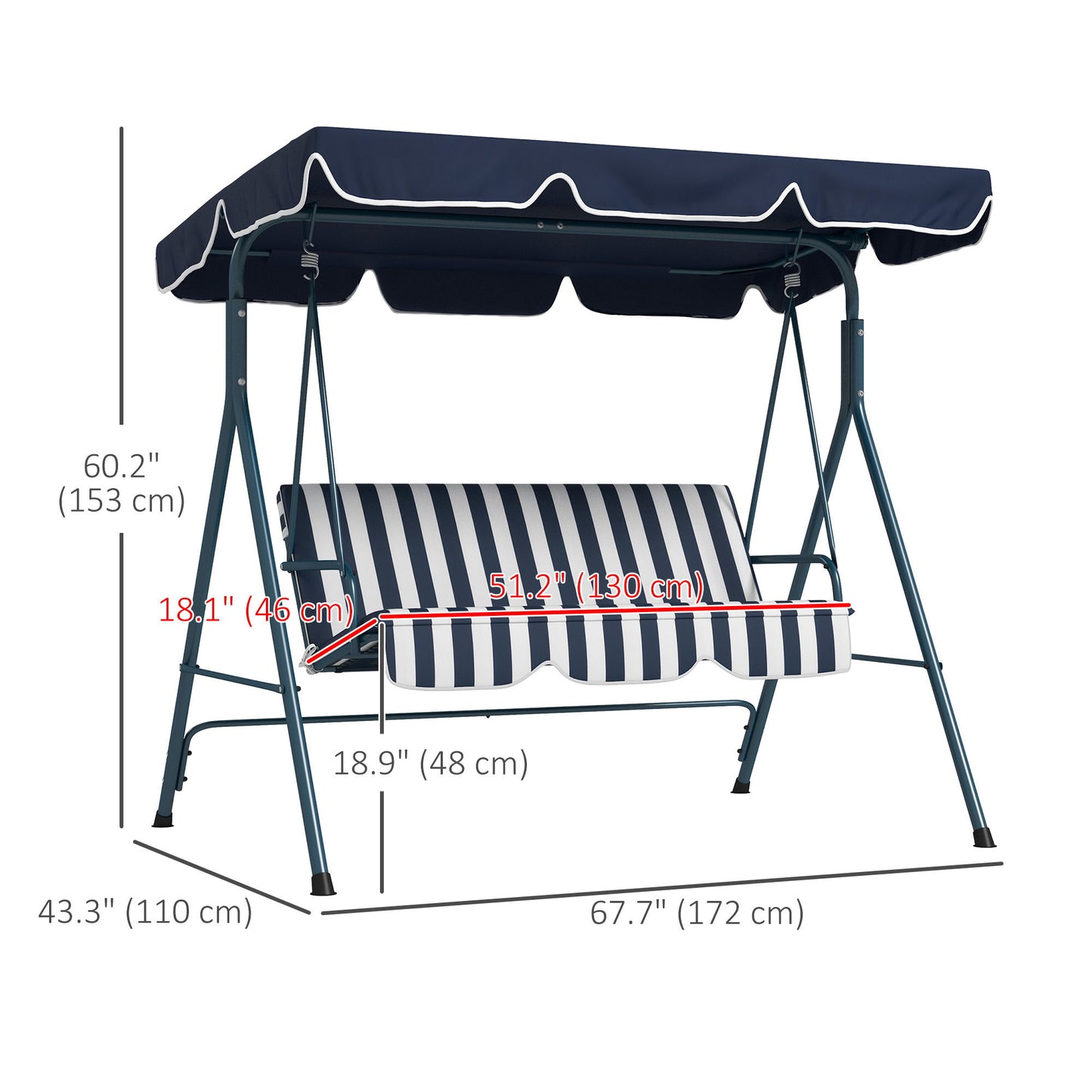 3-Seater Outdoor Porch Swing with Adjustable Canopy, Patio Swing Chair for Garden, Poolside, Backyard, Blue and White