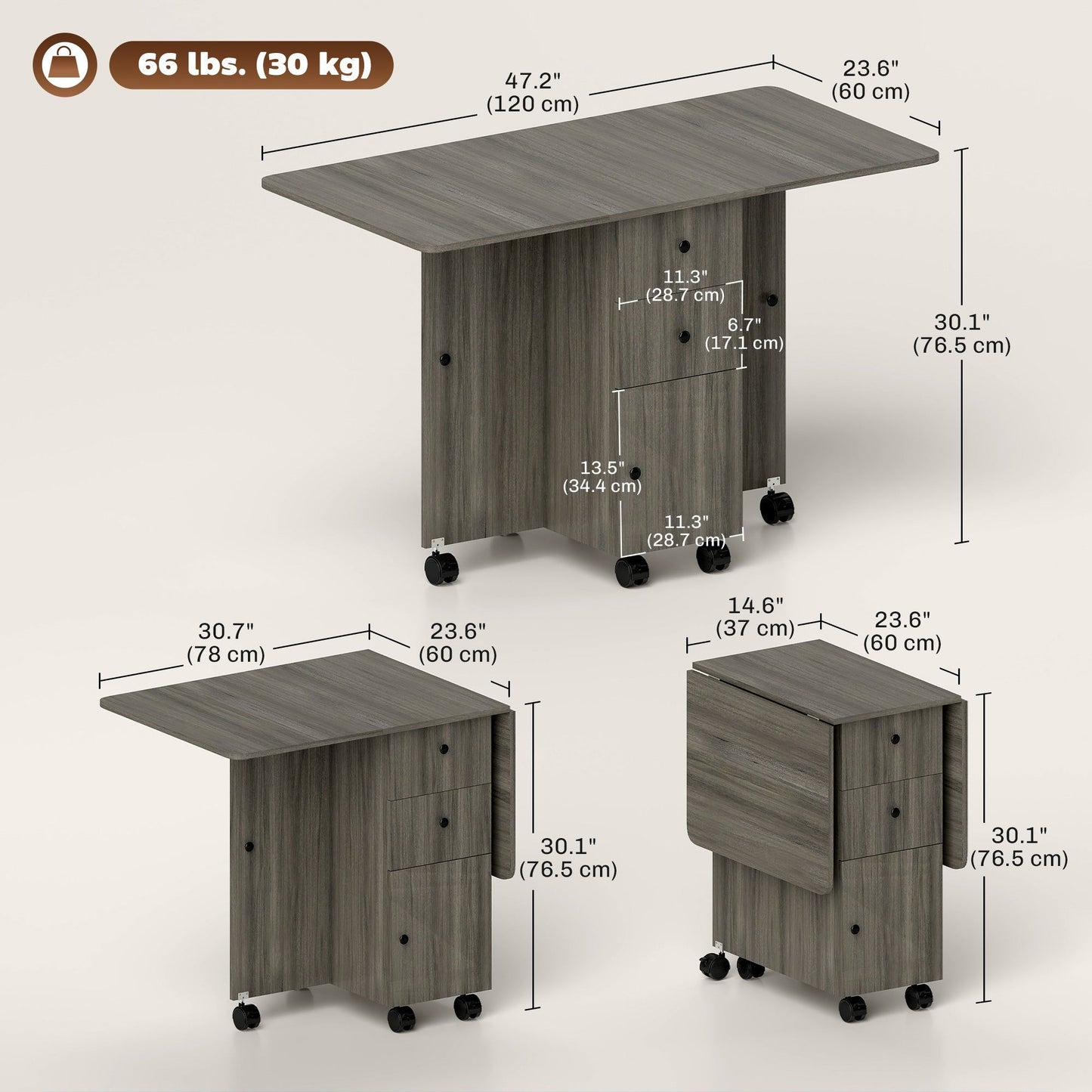 Foldable Drop-Leaf Kitchen Table with Storage - Grey