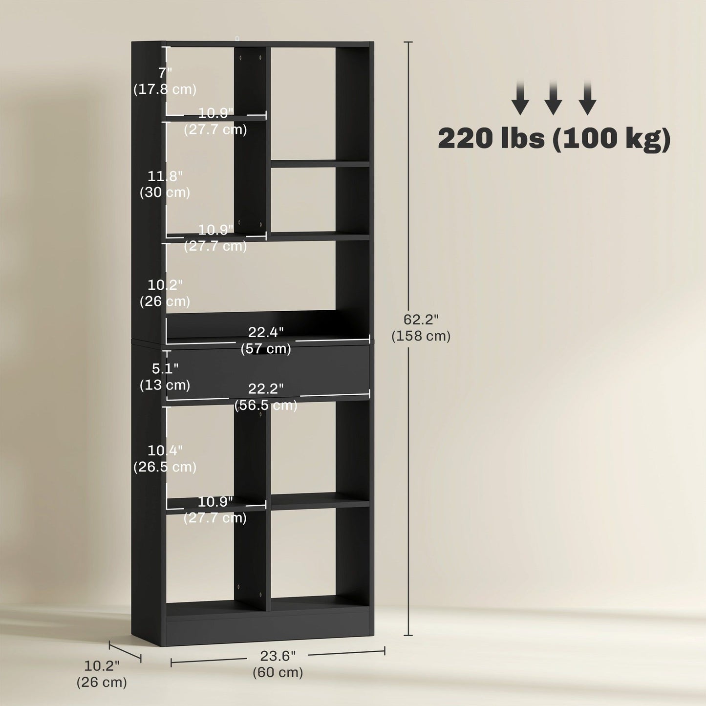Tall Bookshelf with Drawer - Black