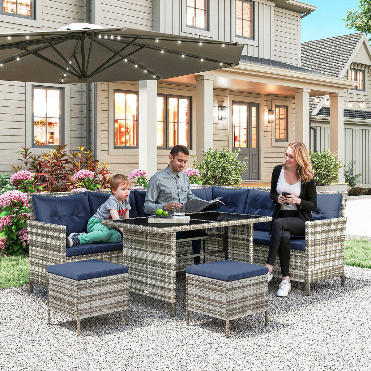 6pcs Outdoor Rattan Sofa Set Garden Wicker Sectional Couch Furniture Set with Dining Table and Chair Deep Blue