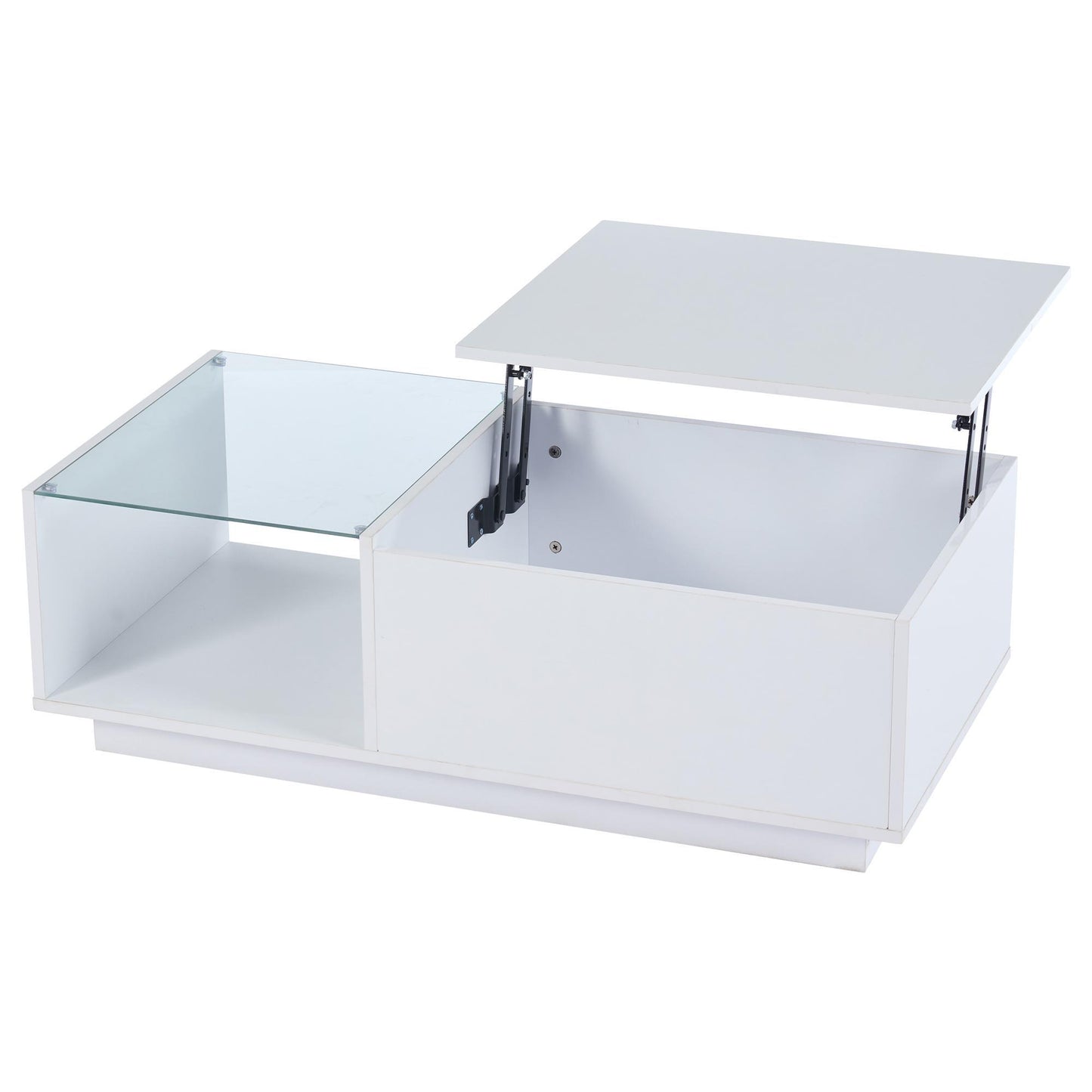 Lift-Up Coffee Table with App-Controlled LED Light and Half Glass Top, Modern Center Table for Living Room, 39.5" L x 19.5" W x 13" H, White