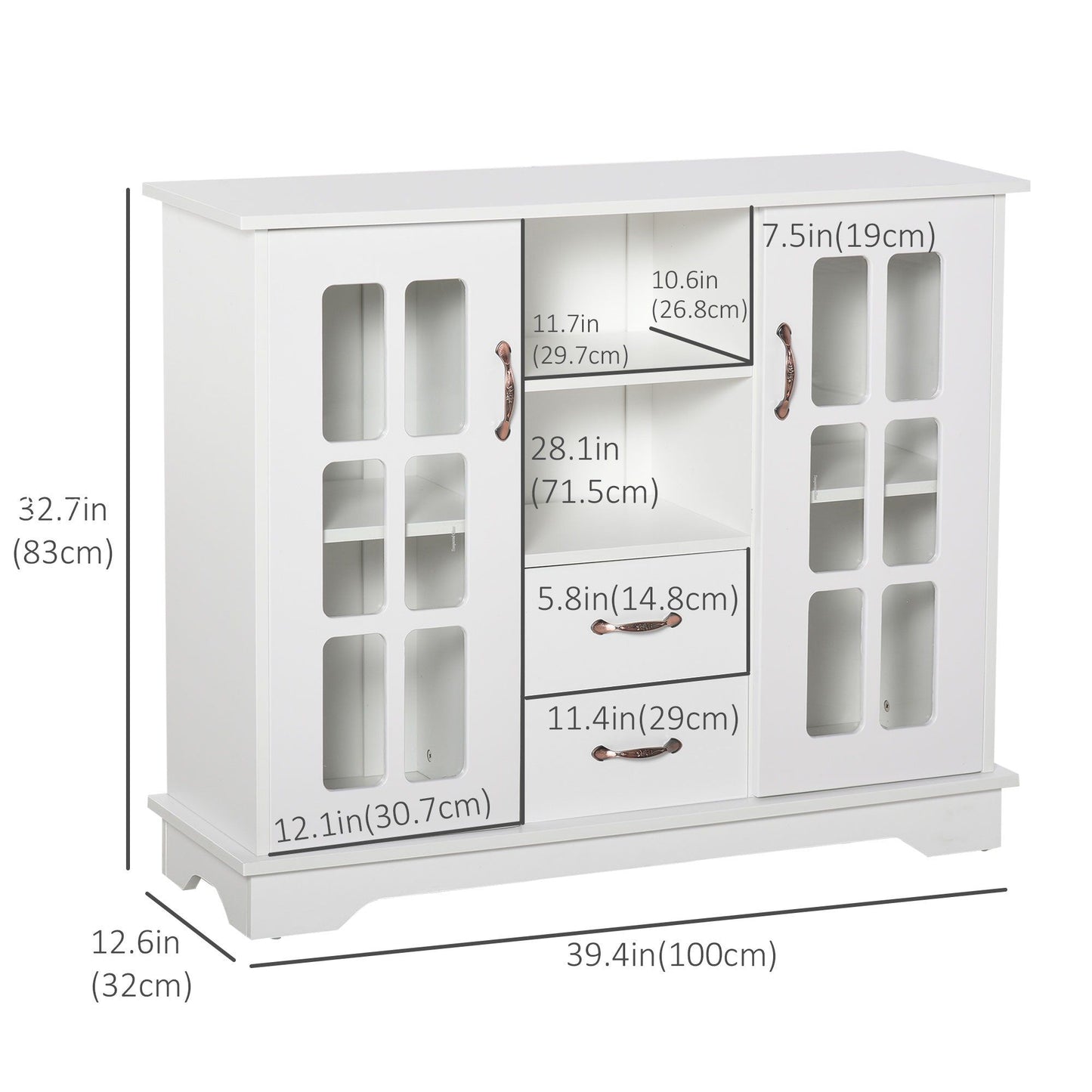 Sideboard with Glass Doors and 2 Drawers - White
