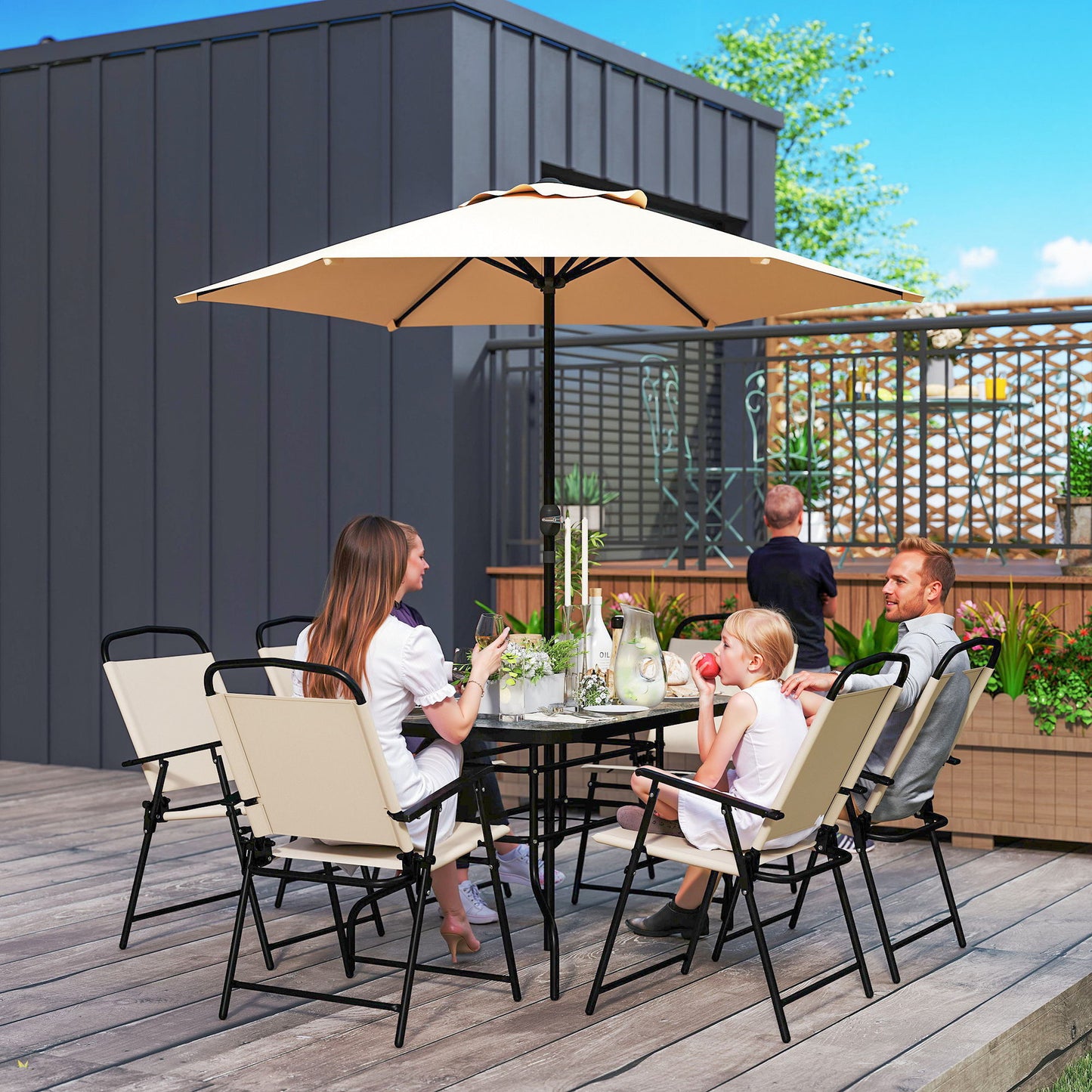 8 PCS Folding Patio Dining Set, Outdoor Bistro Set for 6, 47" Rectangle Table with 6 Folding Chairs, 7' Patio Umbrella with Crank, Outdoor Table Chair Set, Beige