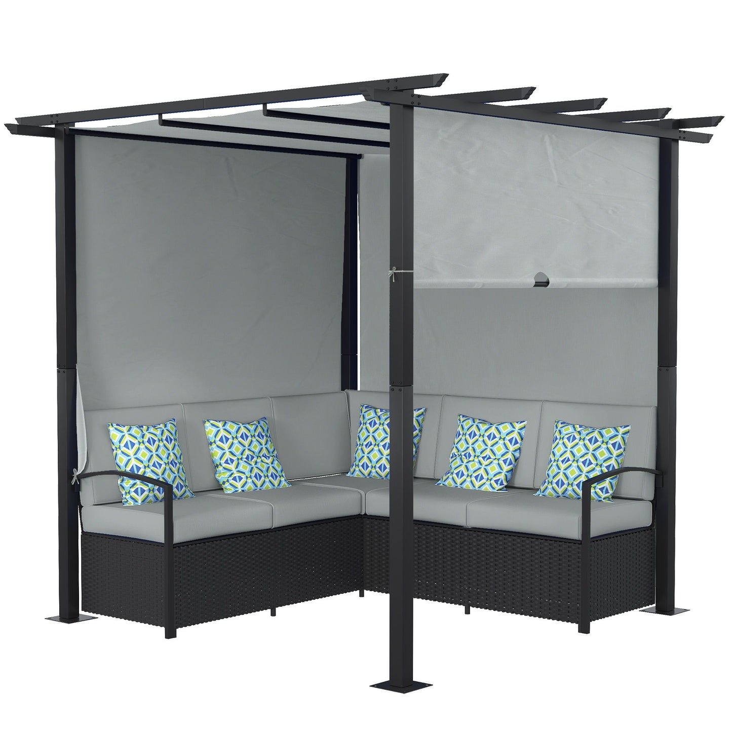 Wicker Patio Furniture, Outdoor PE Rattan Sofa Set with Retractable Canopy Pergola, Shade Shelter for Deck, Pool, Garden, Terrace, Grey