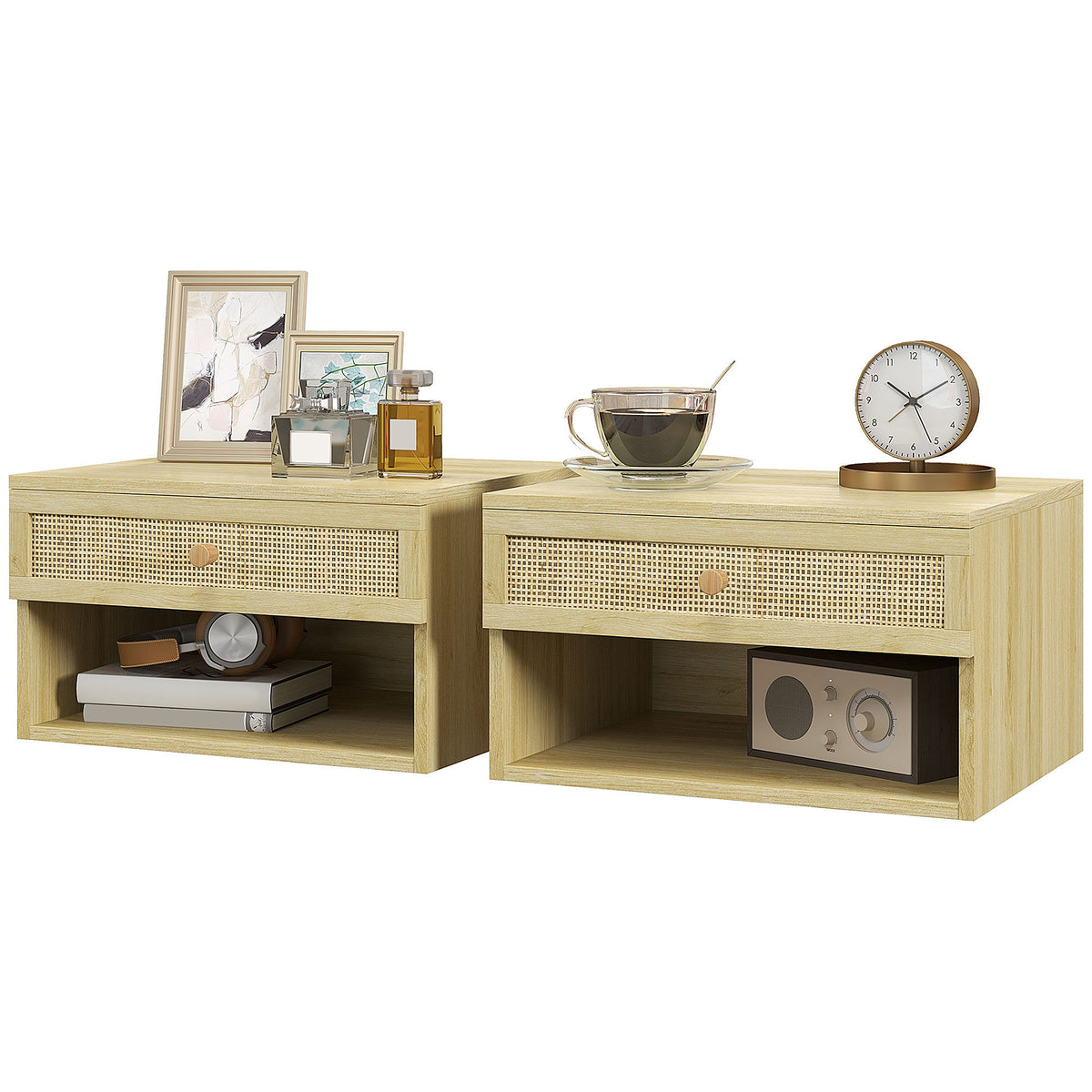 Floating Nightstand Set of 2, Nordic Wall Mounted Bedside Table with Drawer and Open Shelf for Bedroom, Natural Wood