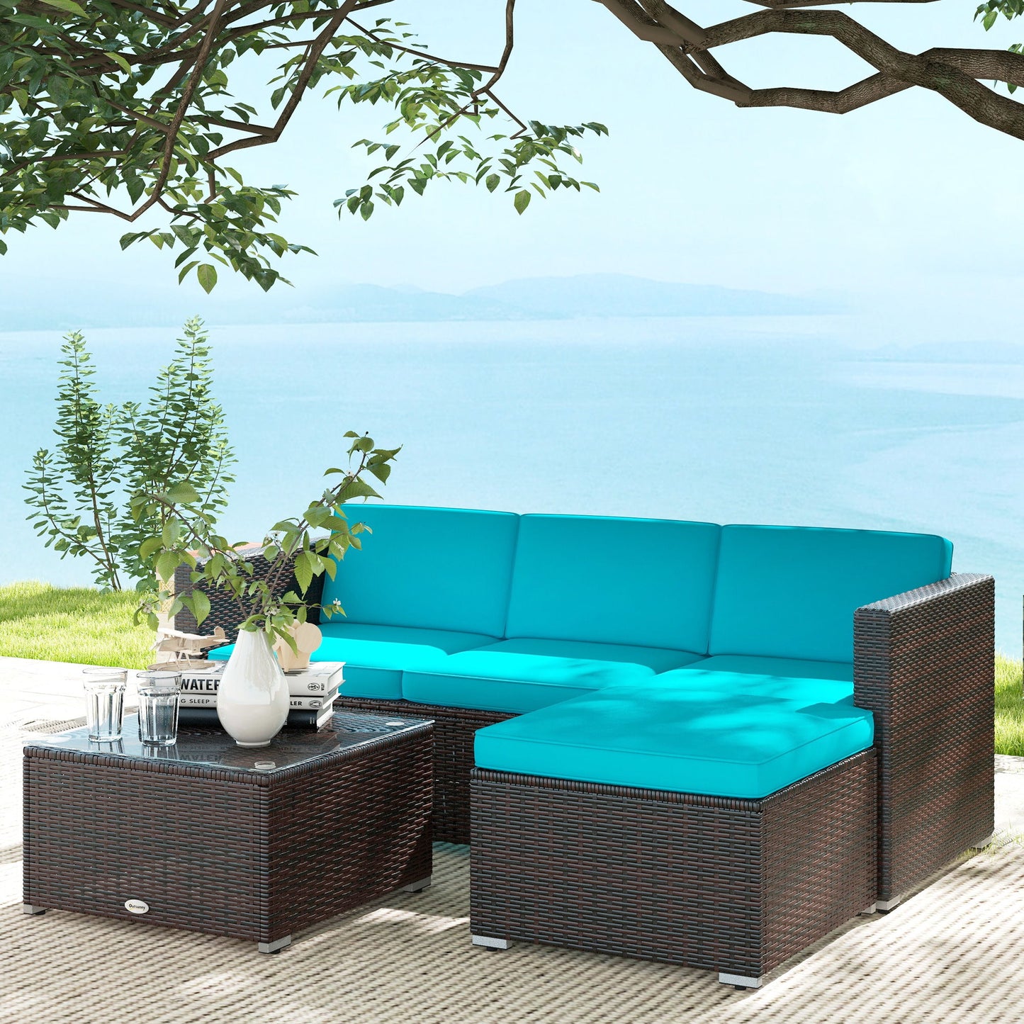3 Pieces Patio Furniture with Soft Cushions, Patio Corner Sofa Sets with a Coffee Table, Ideal for Balcony, Patios, Backyards, Turquoise