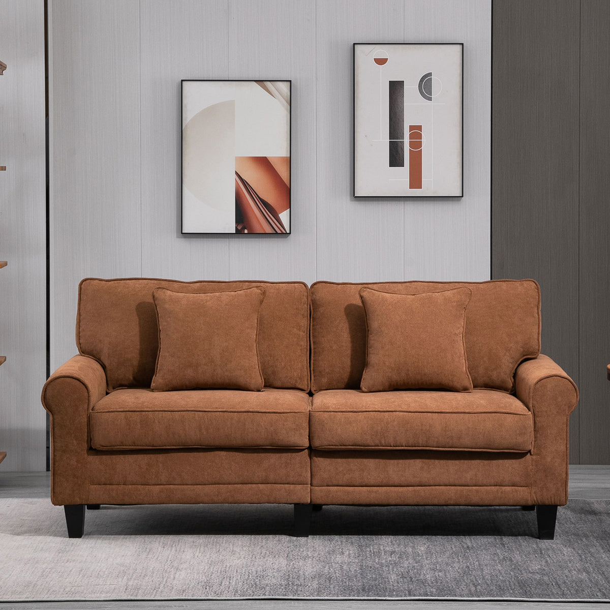 Modern 3 Seater Sofa, Corduroy Fabric 3 Seater Couch with Pine Wood Legs and Rolled Armrests for Living Room, Brown