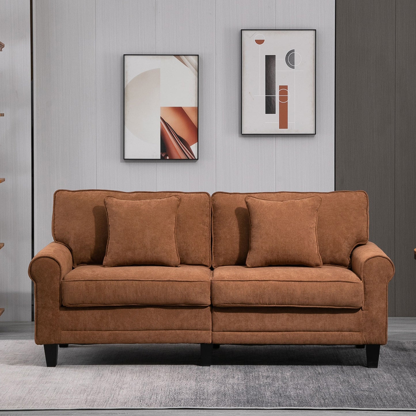 Modern 3 Seater Sofa, Corduroy Fabric 3 Seater Couch with Pine Wood Legs and Rolled Armrests for Living Room, Brown
