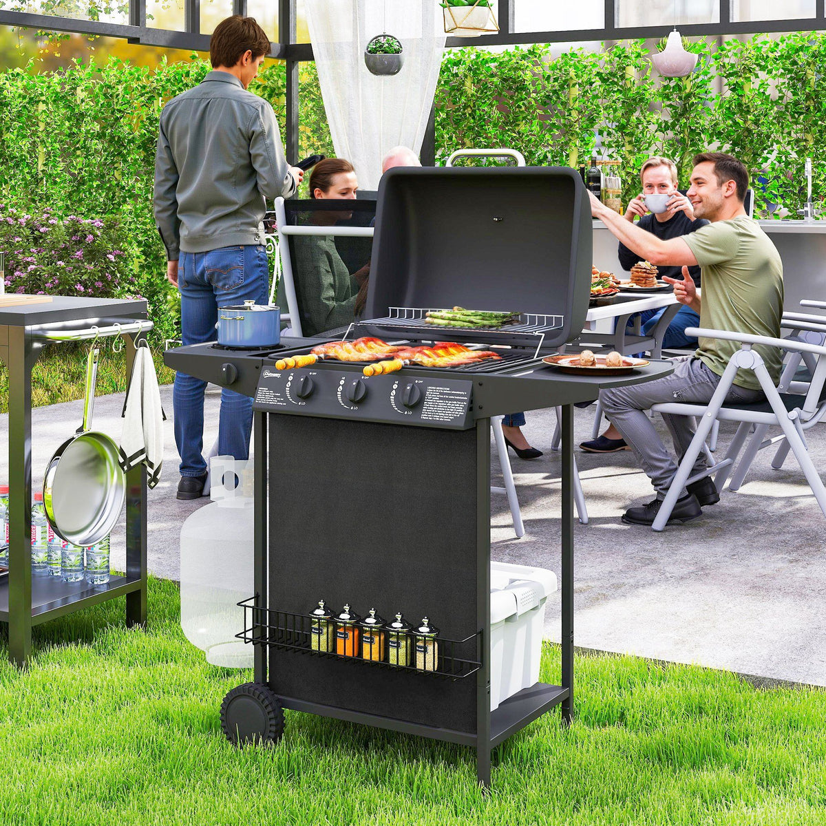3+1 Burner Propane Gas BBQ Grill, Portable Gas Barbecue Grill with Side Burner, Thermometer, Lid, Side Table, Shelf, Spice Rack, Wheels, Grease Cup for Garden, Black