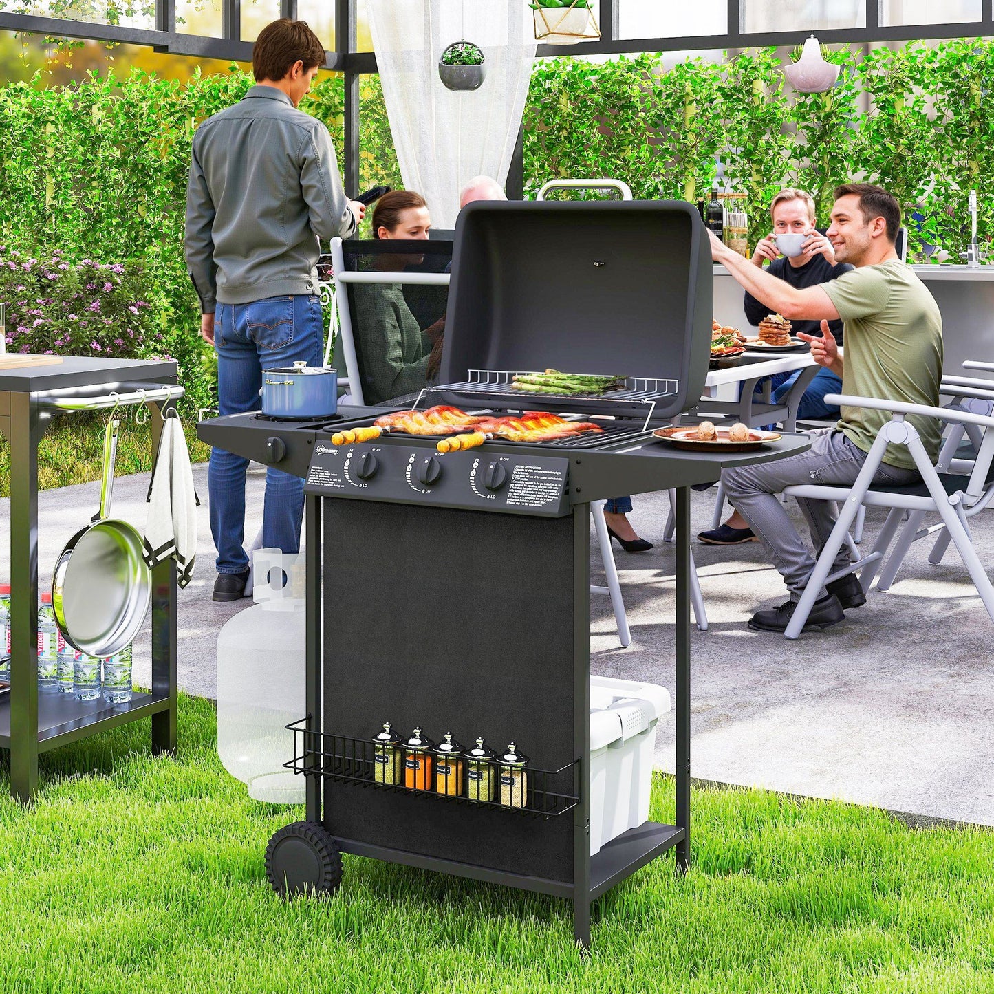 3+1 Burner Propane Gas BBQ Grill, Portable Gas Barbecue Grill with Side Burner, Thermometer, Lid, Side Table, Shelf, Spice Rack, Wheels, Grease Cup for Garden, Black