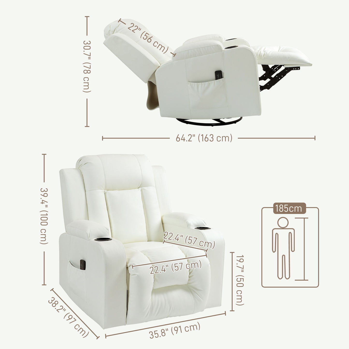 Swivel Massage Recliner Sofa, Overstuffed Manual Reclining Sofa, PU Leather Rocking Chair with Side Pockets, Cup Holders, for Living Room, Nursery, Cream White