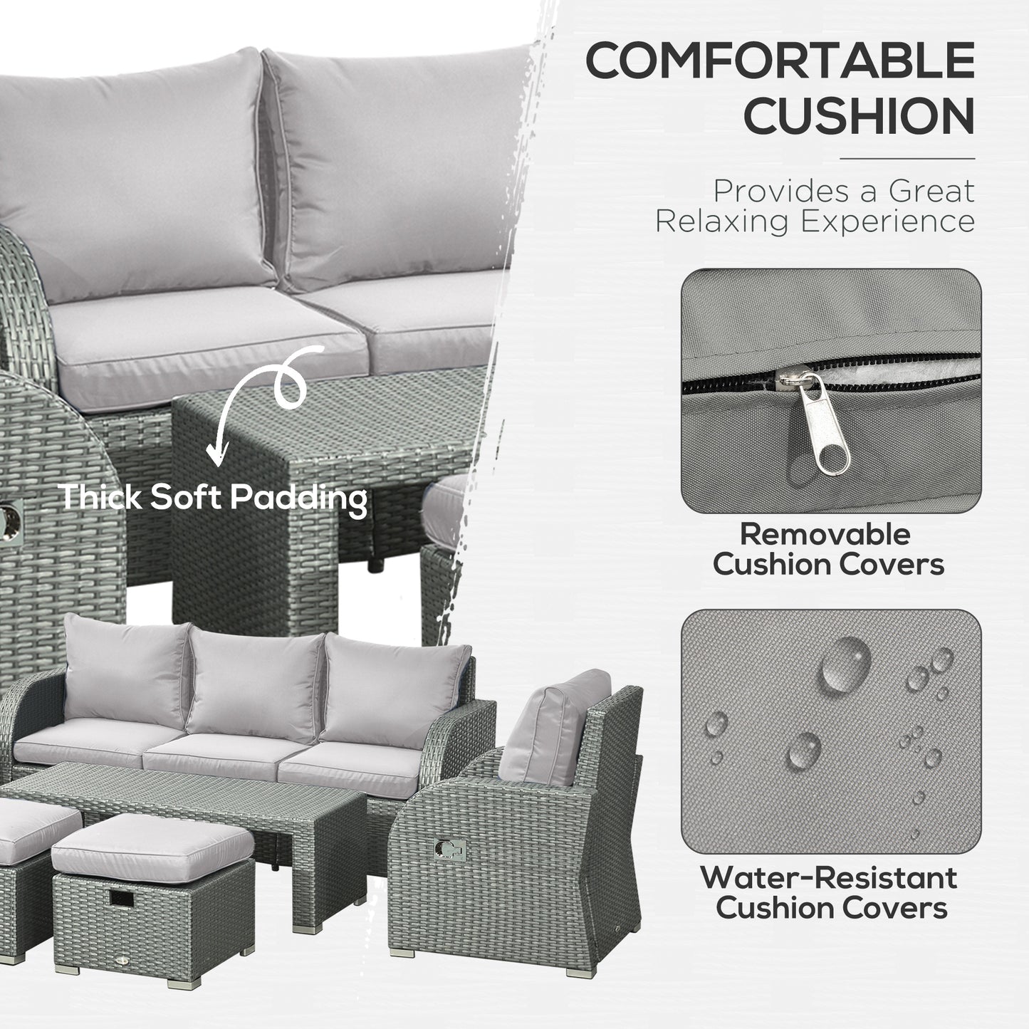 6 Pcs Patio Furniture Set with Wicker Recliner Chairs, PE Wicker Sectional Sofa Set with a 3-Seat Sofa, 2 Footstools, Table, 2 Recliner Chairs, Grey