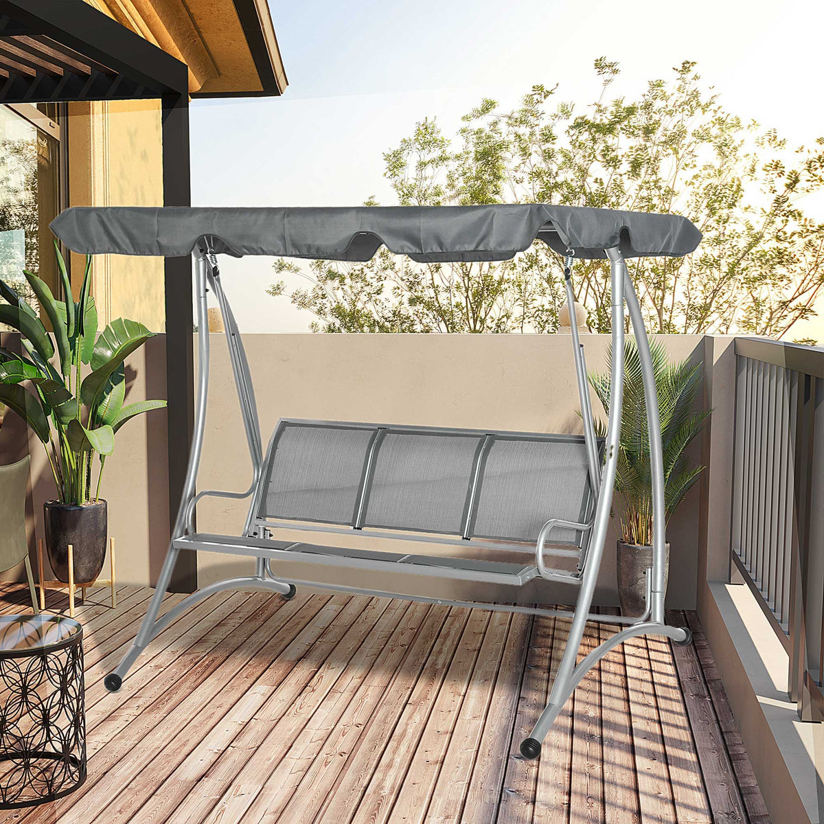 3 Person Patio Swing Seats with Adjustable Canopy Outdoor Swing Chair Bench for Garden, Poolside, Dark Grey