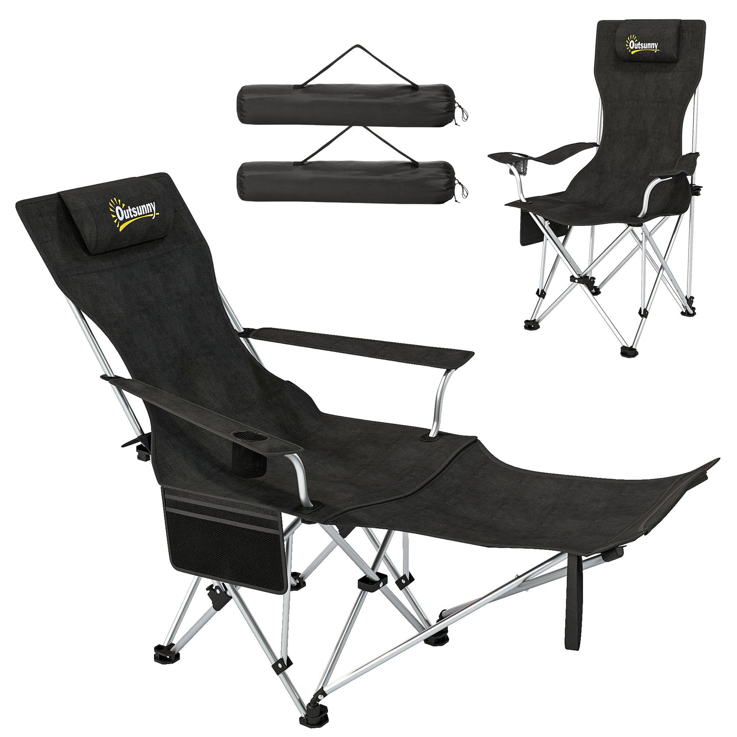 Set of 2 Reclining Camping Chair with Foot Rest, Folding Camping Chair w/ Headrest, Cup Holder, Storage Bag, Black