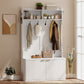 4-In-1 Hall Tree with Shoe Bench, Modern Coat Rack with Open Shelf for Hallway, Entryway, Bedroom, Living Room, White