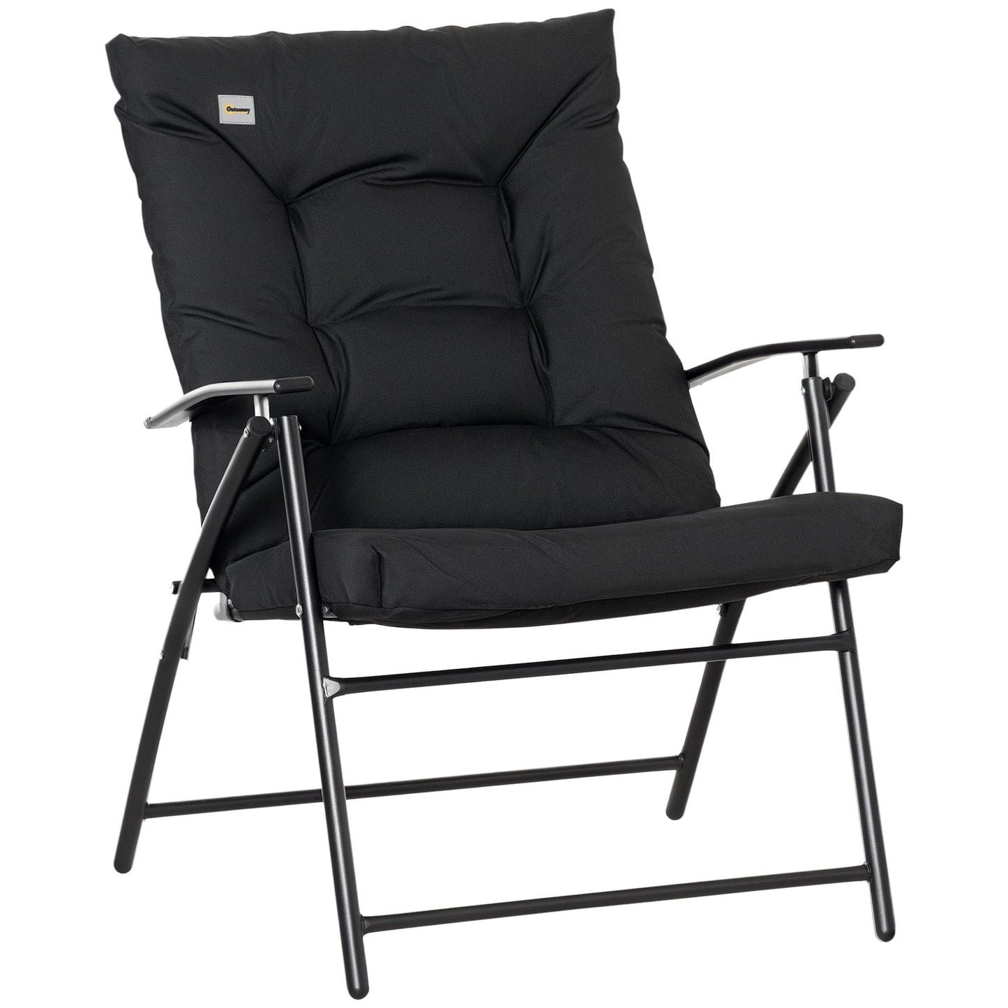 Foldable Lounge Chair, Fabric Upholstered Recliner, Outdoor Lounger with Armrest, Metal Frame for Backyard, Black