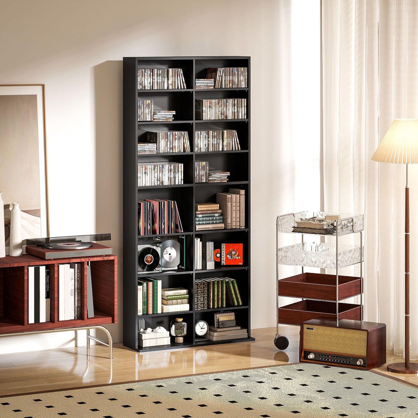 9-Tier DVD Shelf with 18 Compartments and 14 Adjustable Shelves, Holds 640 CDs, 360 DVDs or 430 Blu-rays, Black