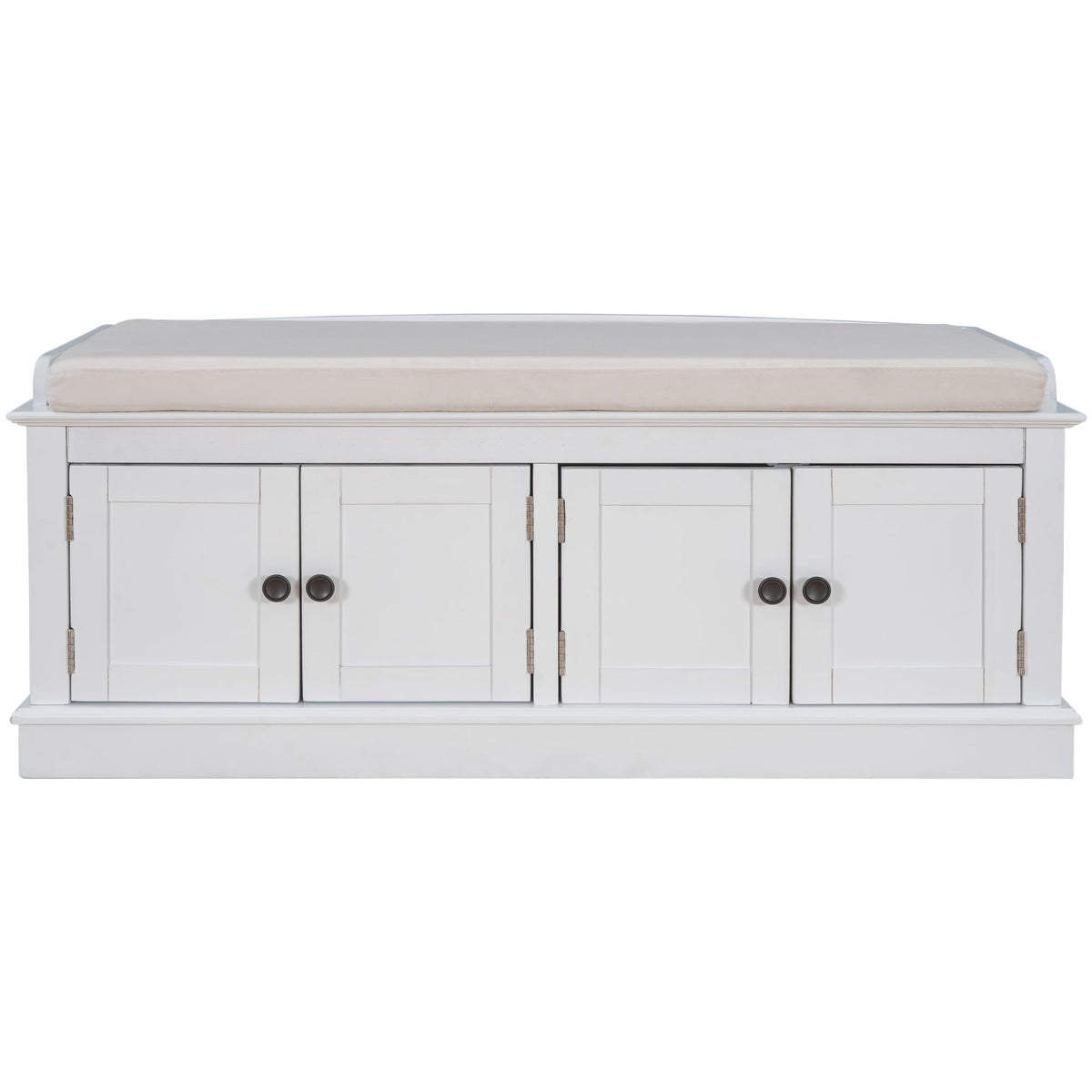Storage Bench with 4 Doors and Adjustable Shelves, Shoe Bench with Removable Cushion for Entryway, 43" L x 16" W x 17.5" H, White