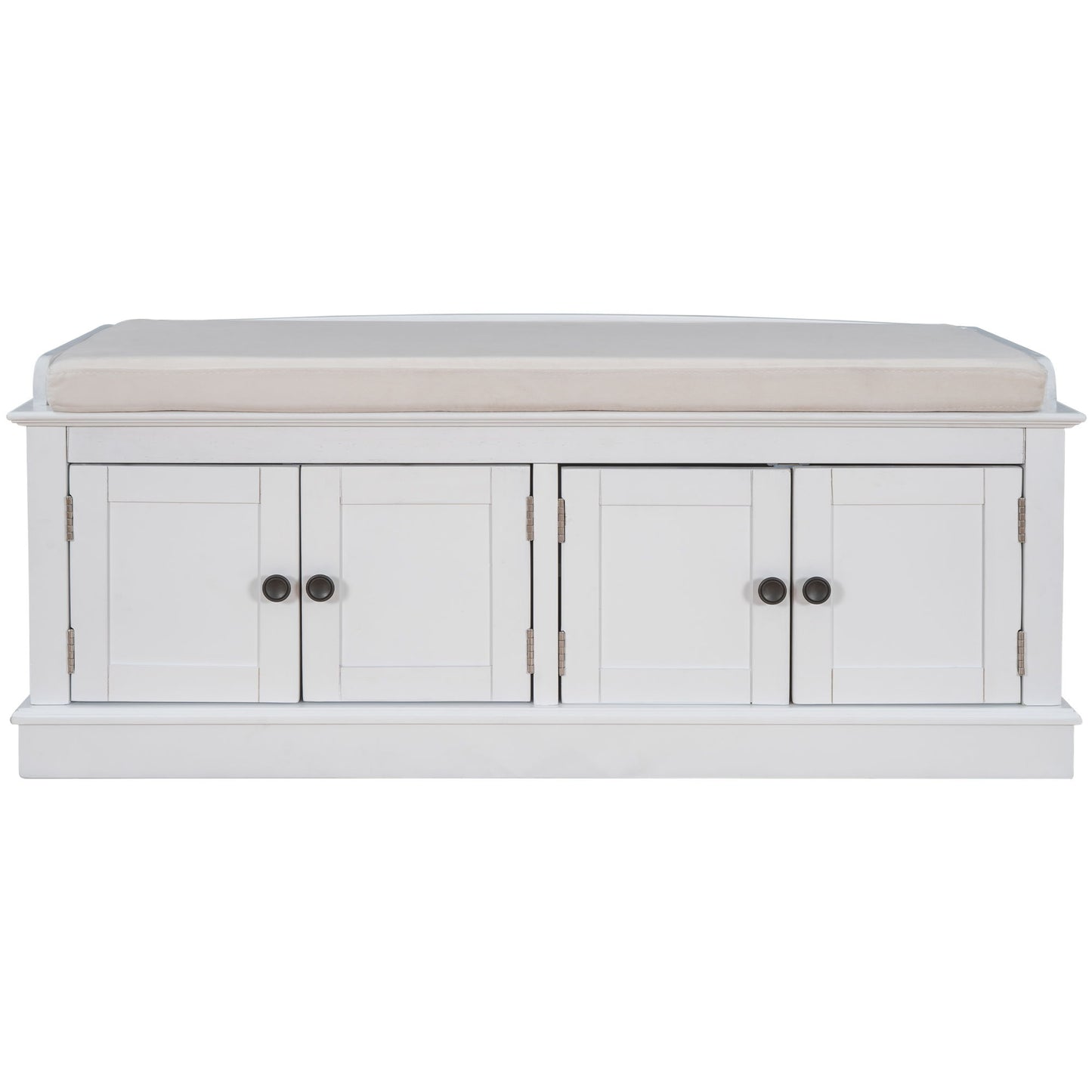 Storage Bench with 4 Doors and Adjustable Shelves, Shoe Bench with Removable Cushion for Entryway, 43" L x 16" W x 17.5" H, White
