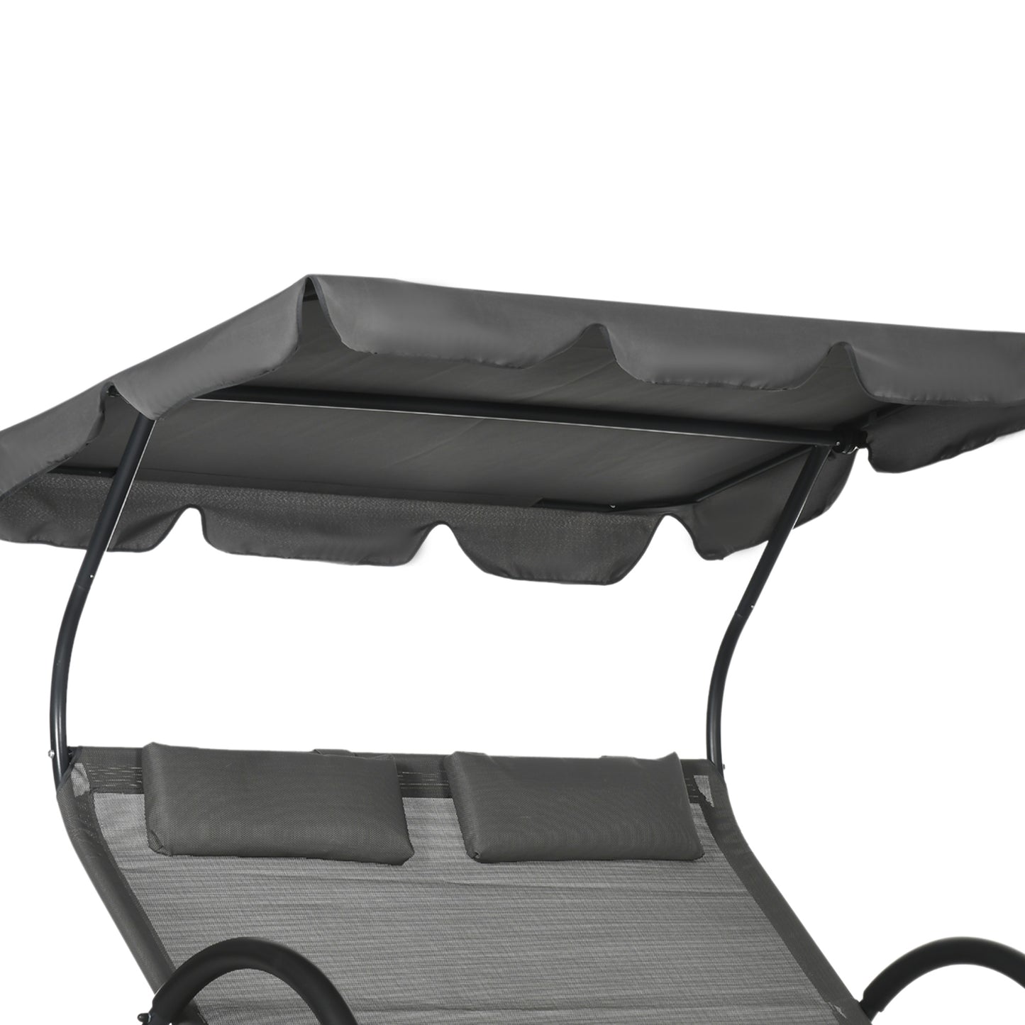 Outdoor Patio Chaise Lounge Chair, Patio Sun Lounger w/ Sunshade Roof, for Two People with Wheels and Breathable Sling Mesh Bed, Pillows, Dark Gray