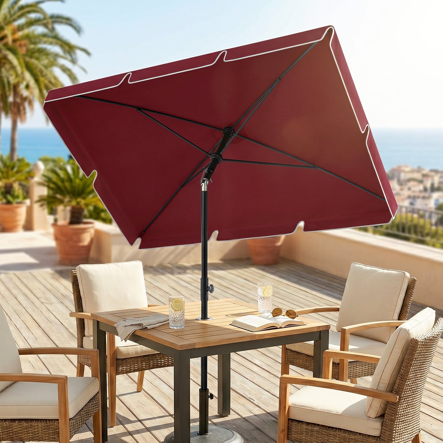 6.5x4ft Rectangle Patio Umbrella Aluminum Tilt Adjustable Garden Parasol Sun Shade Outdoor Canopy Wine Red