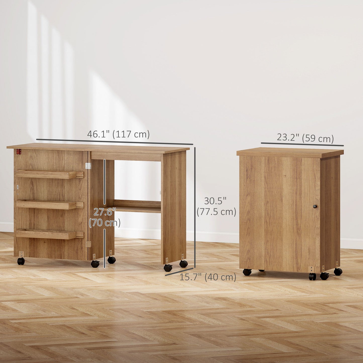 Sewing Machine Cabinet, Folding Sewing Table with Storage Shelf, Bins and Lockable Wheels for Small Space, Brown