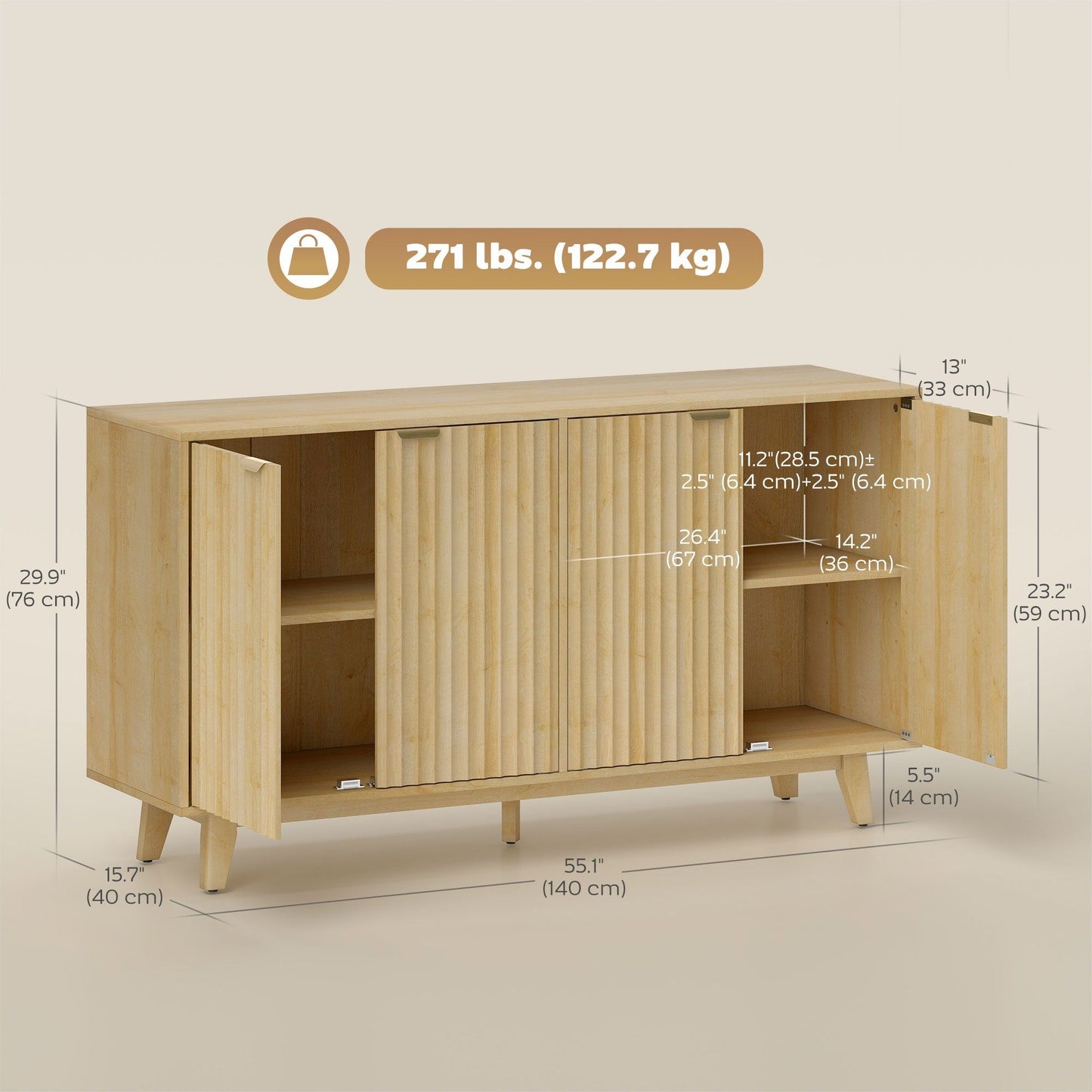 55" Fluted Sideboard Buffet Cabinet with 4 Doors - Natural Wood