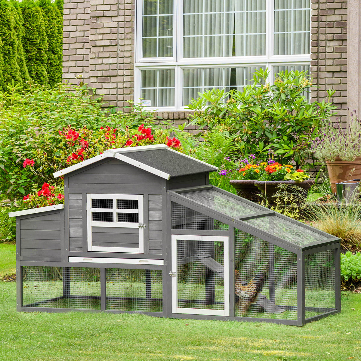 79" Wooden Chicken Coop, Outdoor Hen House, Poultry Habitat with Removable Tray, Nesting Box, Run, Ramp, Grey