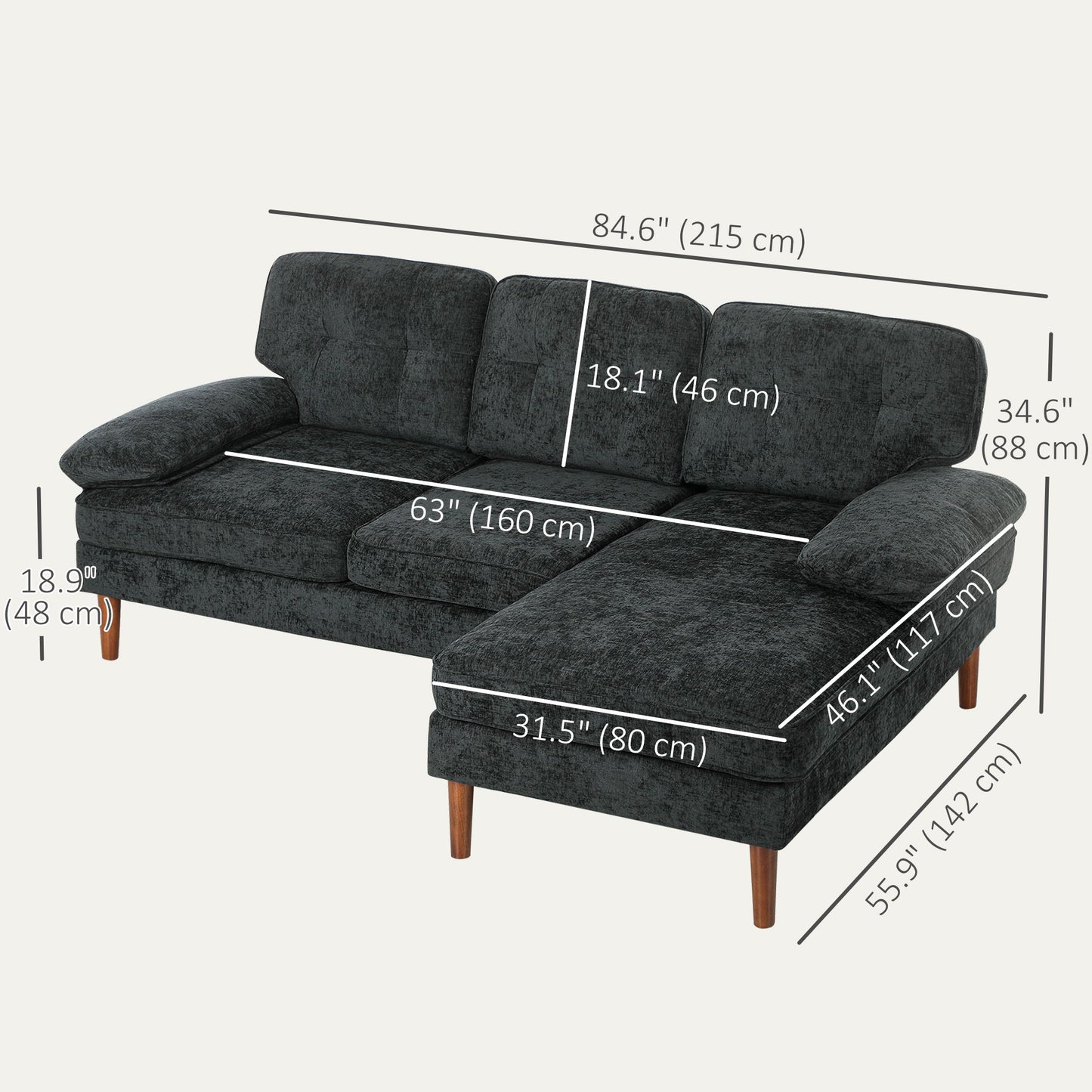Modern Corner Couch with Right Chaise Lounge, Tufted 3-Seater Sofa with Wooden Legs for Living Room, Black