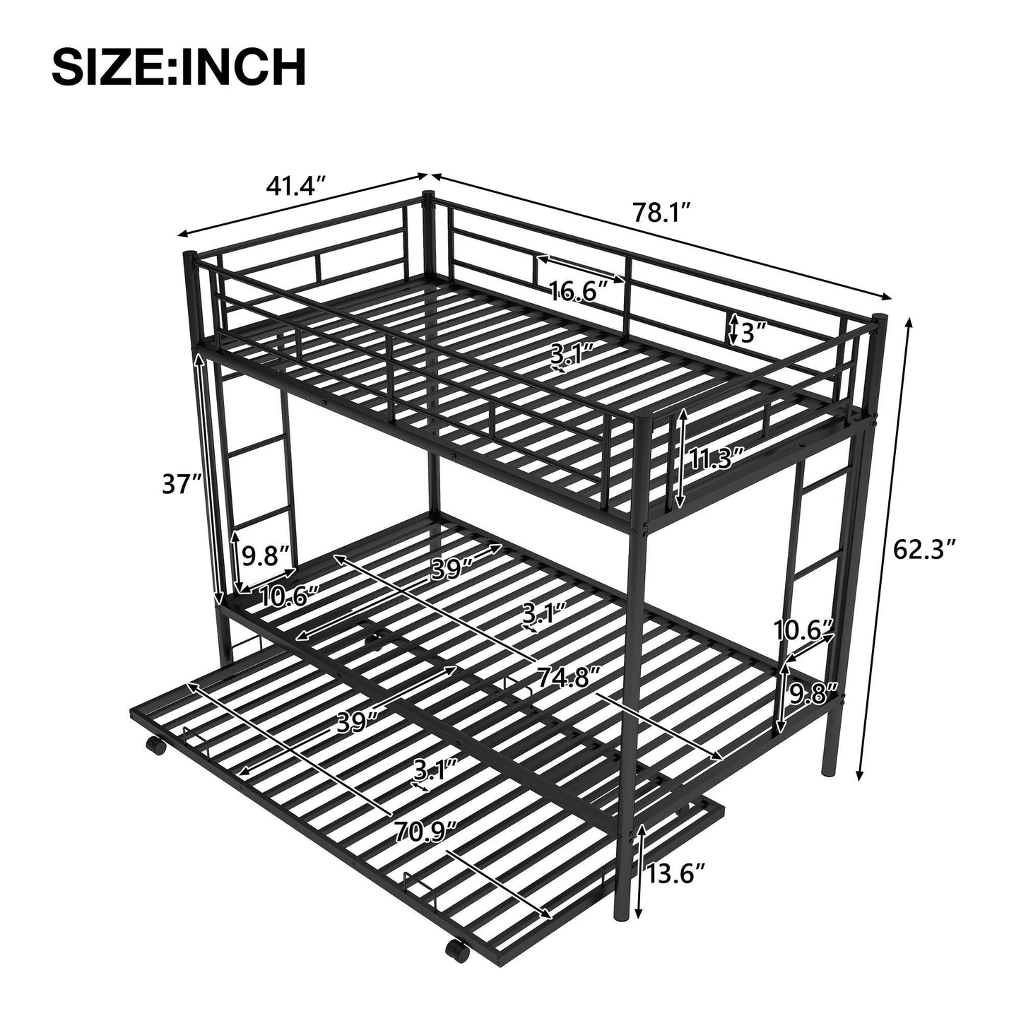 Twin Over Twin Bunk Bed with Trundle, Sturdy Metal Frame, Safety Guardrails, Bed Frame for Compact Rooms, 78" L x 41.5" W x 62.5" H, Black