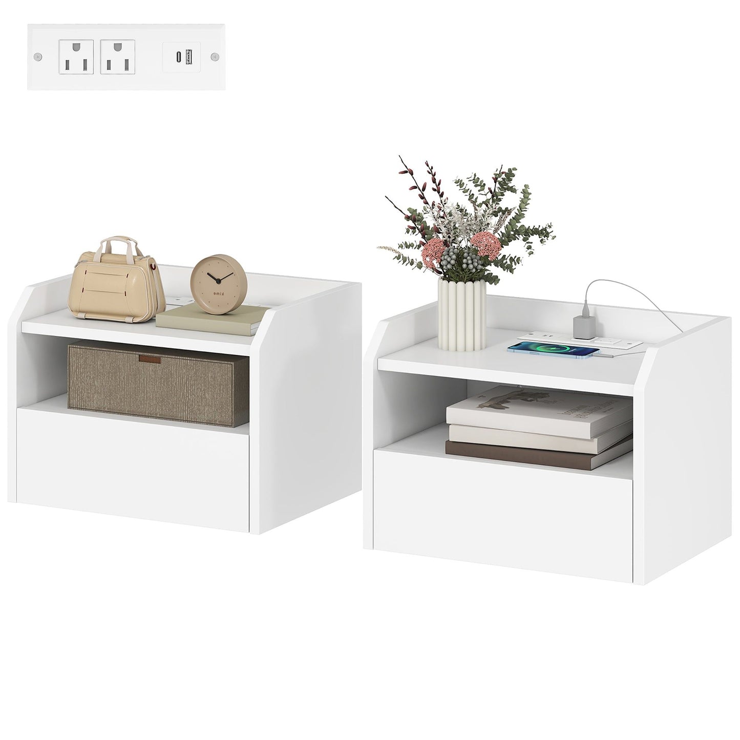 Floating Nightstands Set of 2 with Charging Station - White