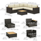6 Pieces Outdoor Rattan Patio Furniture Set with Corner Sofa, Wood-Plastic Coffee Table, Light Khaki
