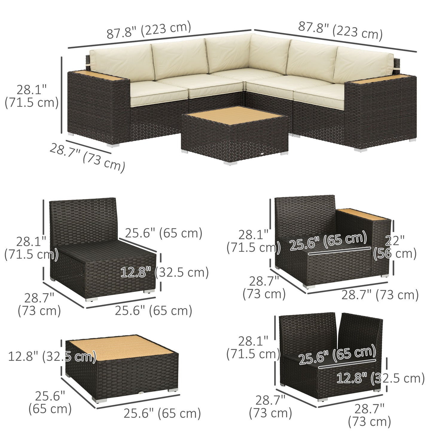6 Pieces Outdoor Rattan Patio Furniture Set with Corner Sofa, Wood-Plastic Coffee Table, Light Khaki