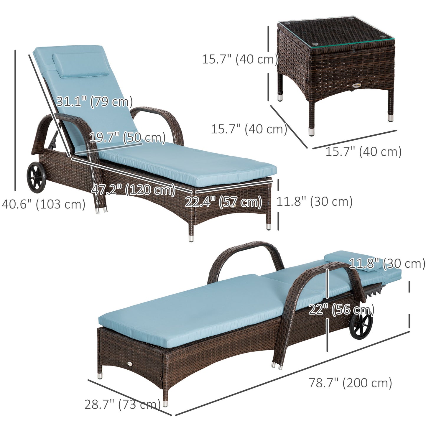 3 Pieces Wicker Patio Lounger Set with Table, PE Rattan Outdoor Lounge Chair Set with Cushions, Wheels, 5-Level Reclining Backrest, Headrest, Brown/Grey
